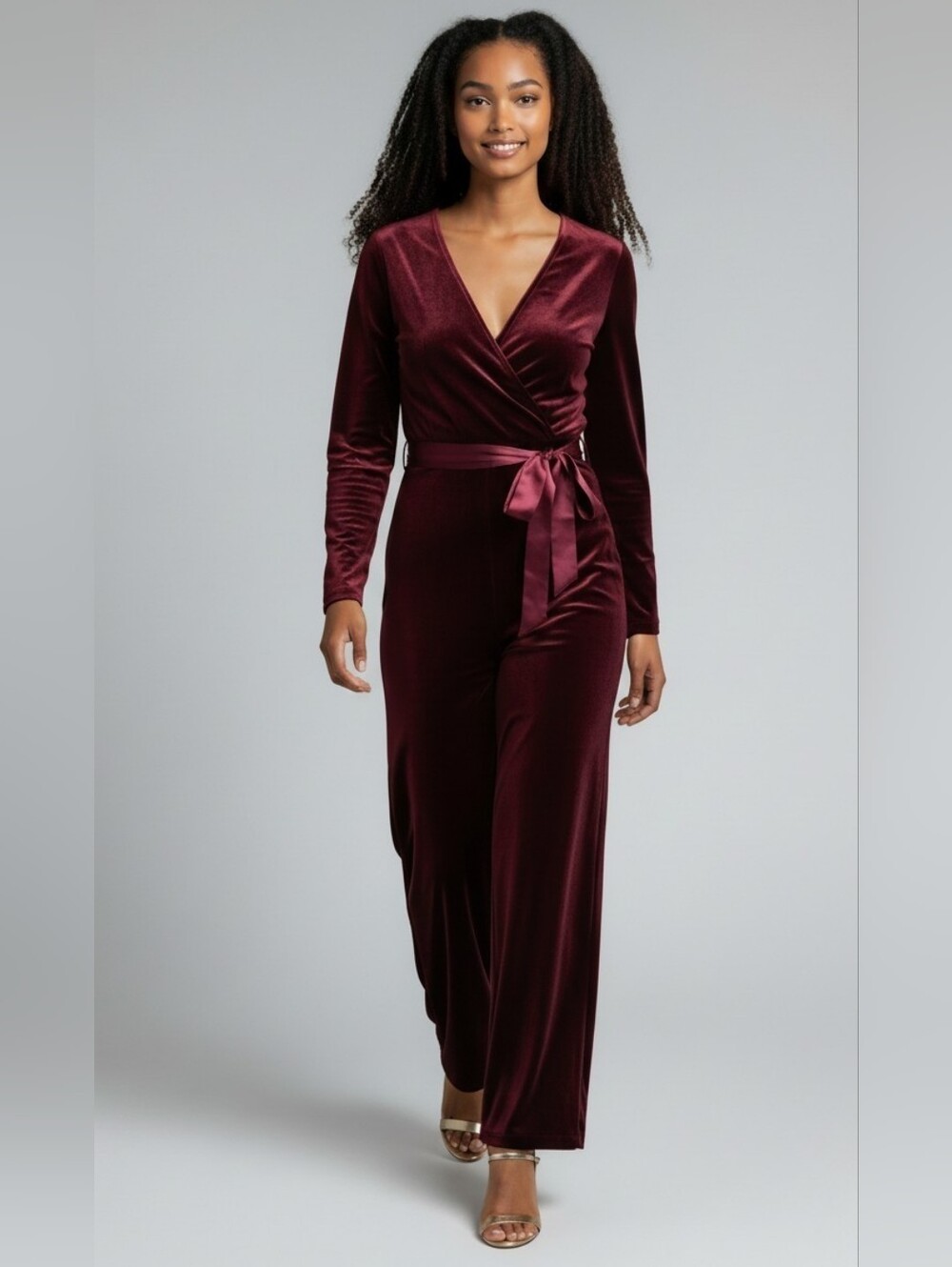 Velvet Wrap Wide-Leg Jumpsuit Long Sleeve in Burgundy Misses Size Small